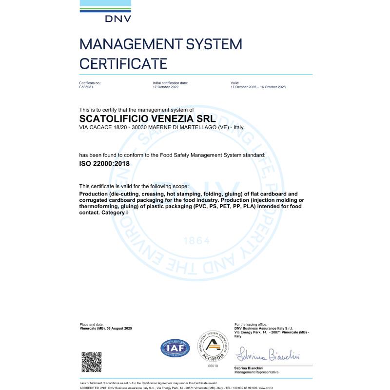 image Certificazione DNV - MANAGEMENT SYSTEM CERTIFICATE ISO 22000 2018 (3458)